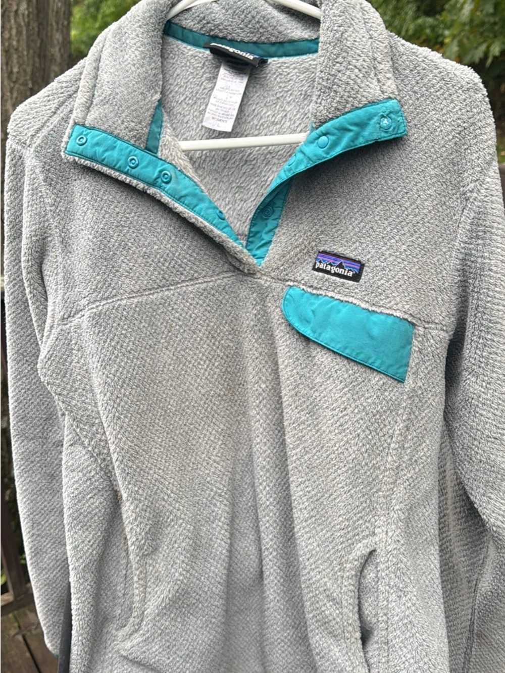Patagonia Light Gray Fleece Pullover with Teal Trim